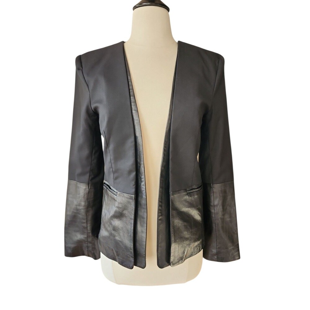 Parker Wool Lambskin Leather Jacket Womens Small Office Grunge Black Open Front